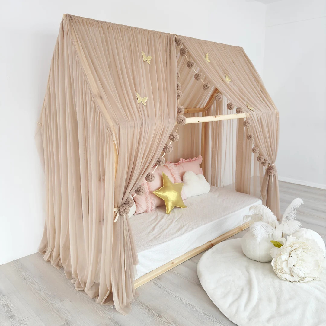 Custom Montessori Bed Canopy: Beige Tulle House Bed Curtains - Etsy | Etsy (US)