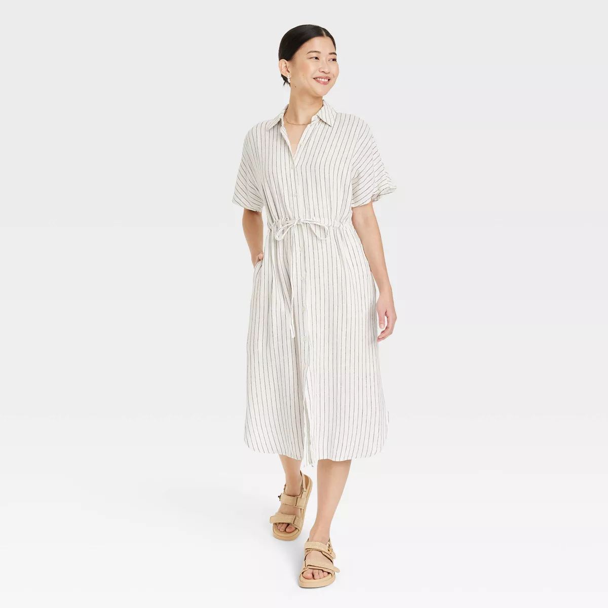 Women's Short Sleeve Linen Midi Shirtdress - A New Day™ Cream Striped XS | Target