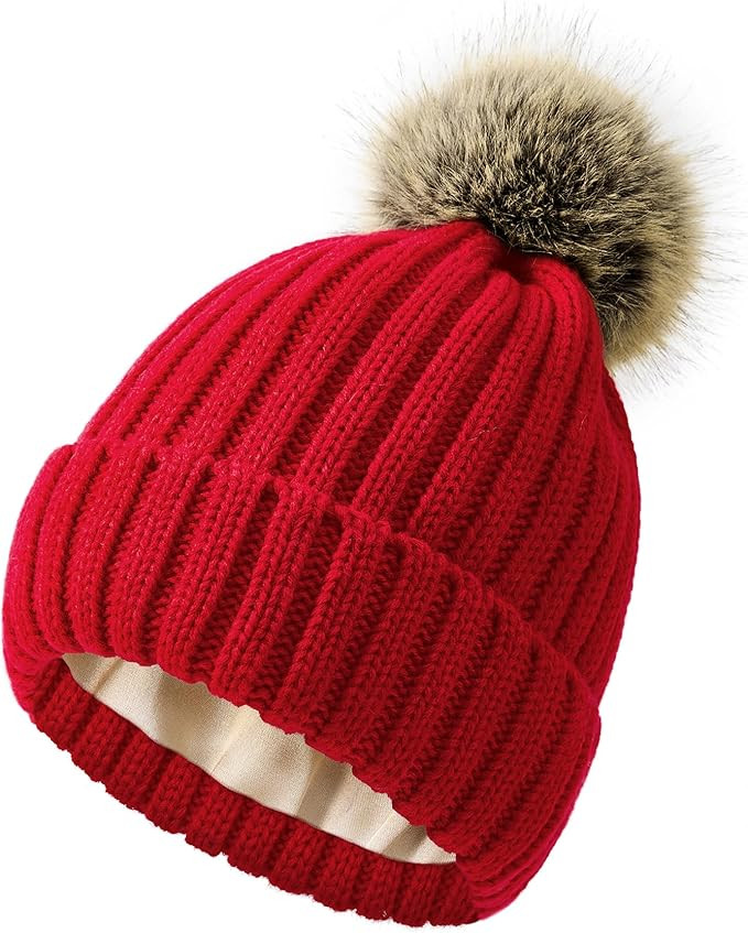 Zando Winter Satin Lined Beanie Hats for Women - Fur Pom Pom for Hats Warm Thick Silky Knit Beani... | Amazon (US)