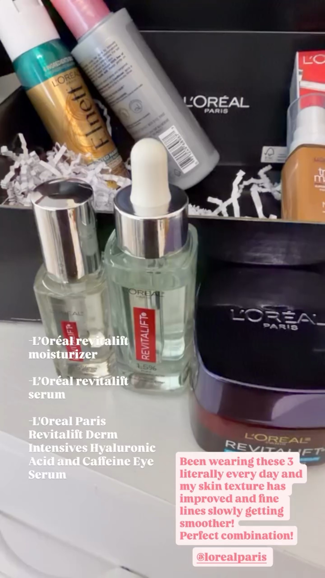 Been wearing these 3 literally every day and my skin texture has improved and fine lines slowly getting smoother!
Perfect combination! @lorealparis -L’Oréal revitalift moisturizer 

-L’Oréal revitalift serum

-L'Oreal Paris Revitalift Derm Intensives Hyaluronic Acid and Caffeine Eye Serum