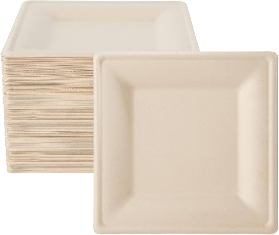 ECOLipak 100 Pack Compostable Square Plates, 10 inch Disposable Paper Plates Made of Sugacane, Ec... | Amazon (US)