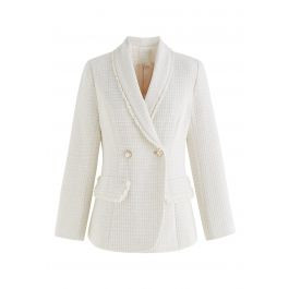 Shawl Collar Fringed Edge Tweed Blazer in Ivory | Chicwish