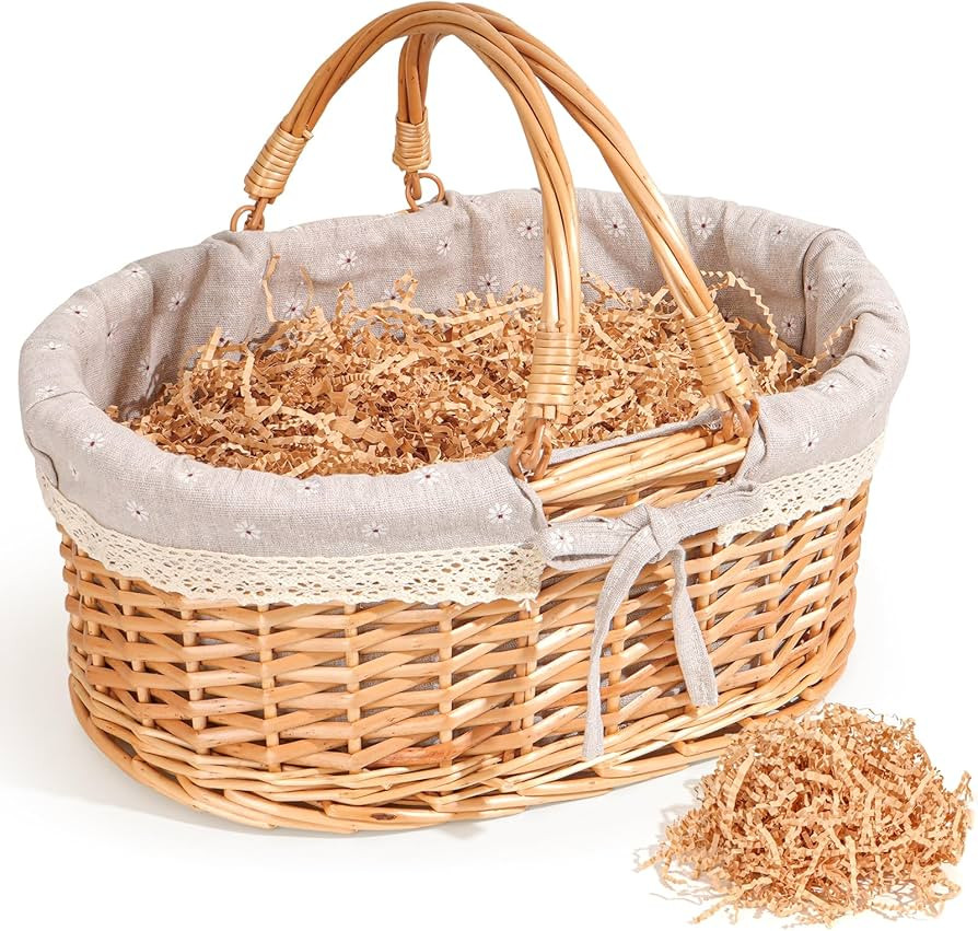 Oval Wicker Gift Basket with Filler Grass, Medium Picnic Basket with Lined Interior & Handles, Ru... | Amazon (US)