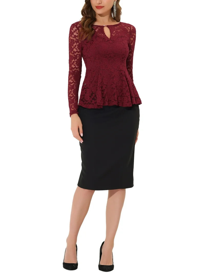 INSPIRE CHIC Women's Top Lace Keyhole Front Peplum Hem Sheer Long Sleeve Blouse XS Burgundy | Walmart (US)