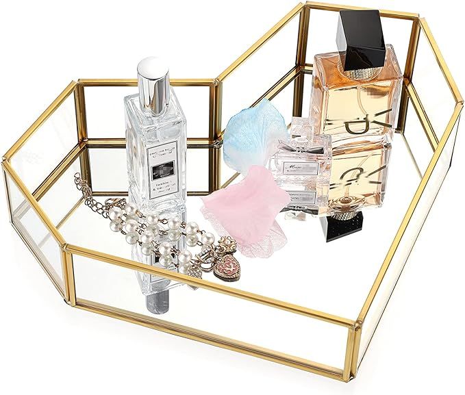 Hipiwe Vintage Mirror Vanity Tray Gold Glass Perfume Tray Bathroom Tray Cosmetic Makeup Tray Orna... | Amazon (US)