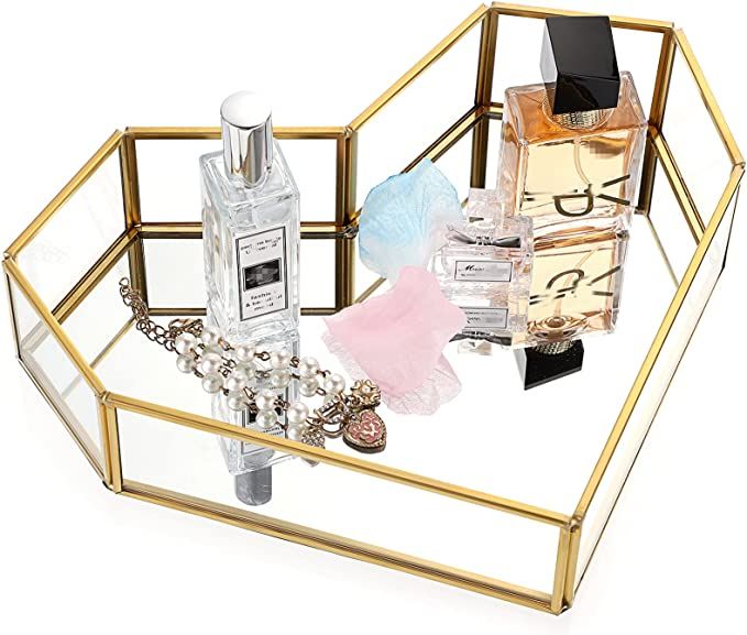 Hipiwe Vintage Mirror Vanity Tray Gold Glass Perfume Tray Bathroom Tray Cosmetic Makeup Tray Orna... | Amazon (US)