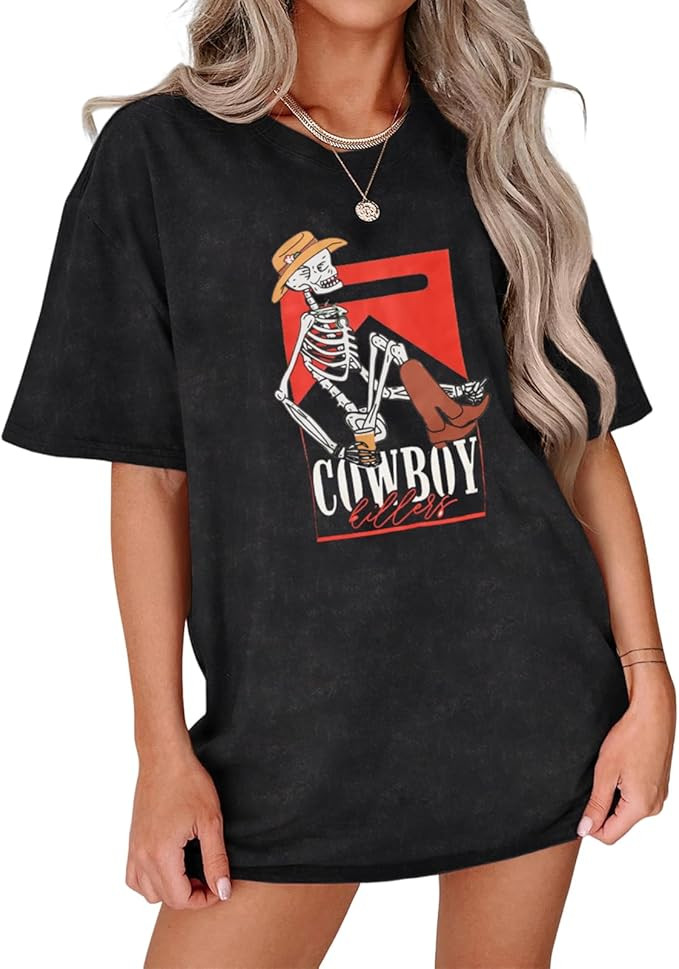 Women Western Country Tshirt Vintage Cowboy Killer Skeleton Graphic Shirts Casual Short Sleeve Ov... | Amazon (US)