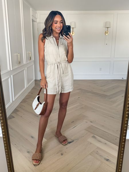 Evereve casual summer outfit try on haul! Wearing a size Small in this utility romper - definitely runs big so size down if between sizes or stick to your normal size for a more relaxed fit. Braided sandals are SO comfy and fit TTS 

#LTKstyletip #LTKSeasonal #LTKunder100