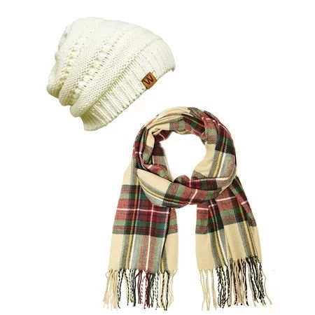 Wrapables® Plaid Print Long Winter Warm Scarf and Beanie Hat Set, Red / Green + Cream Beanie | Walmart (US)