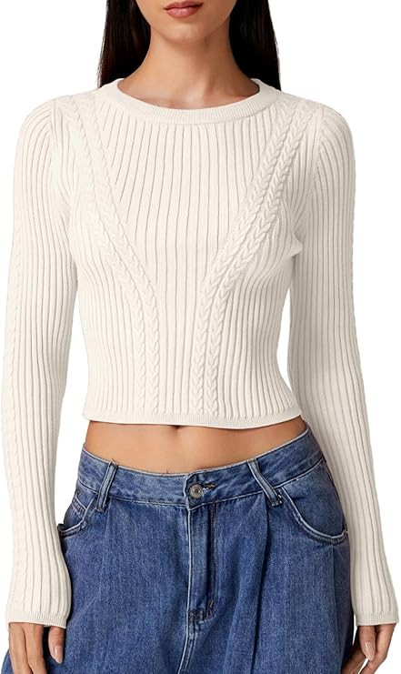 QINSEN Womens Cable Knit Crewneck Sweaters Ribbed Hem Slim Fit Long Sleeve Pullover Crop Tops | Amazon (US)