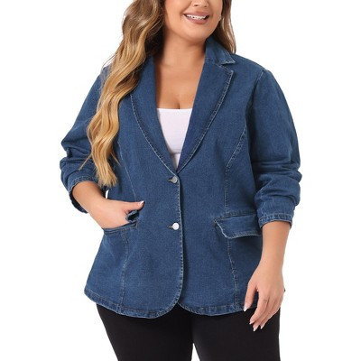 Women's Plus Size Denim Notched Lapel Color Block Stretch Blazers - Agnes Orinda 4X Denim Blue | Target