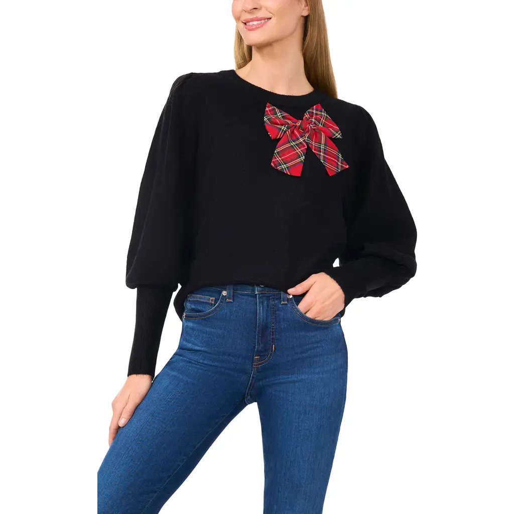CeCe Plaid Bow Sweater in Rich Black at Nordstrom Rack, Size Large | Nordstrom Rack