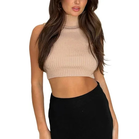 Women Fashion Knitted Ribbed Vests Solid Color Turtleneck Sleeveless Sweater Tank Tops Slim Fit Expo | Walmart (US)