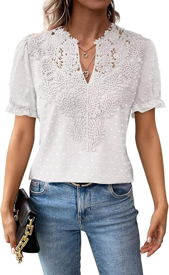 Womens Summer Tops Boho Short Sleeve Shirts V Neck Casual Chiffon Blouses Flowy Lace Hem Spring C... | Amazon (US)