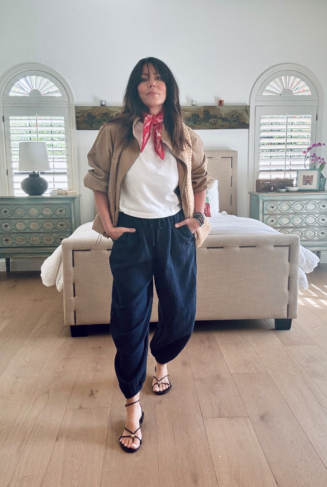 Comfiest pants, balloon pants in navy gauze 
Sandals are 25% off today only! 

#LTKmomlife #LTKTravel #LTKSaleAlert