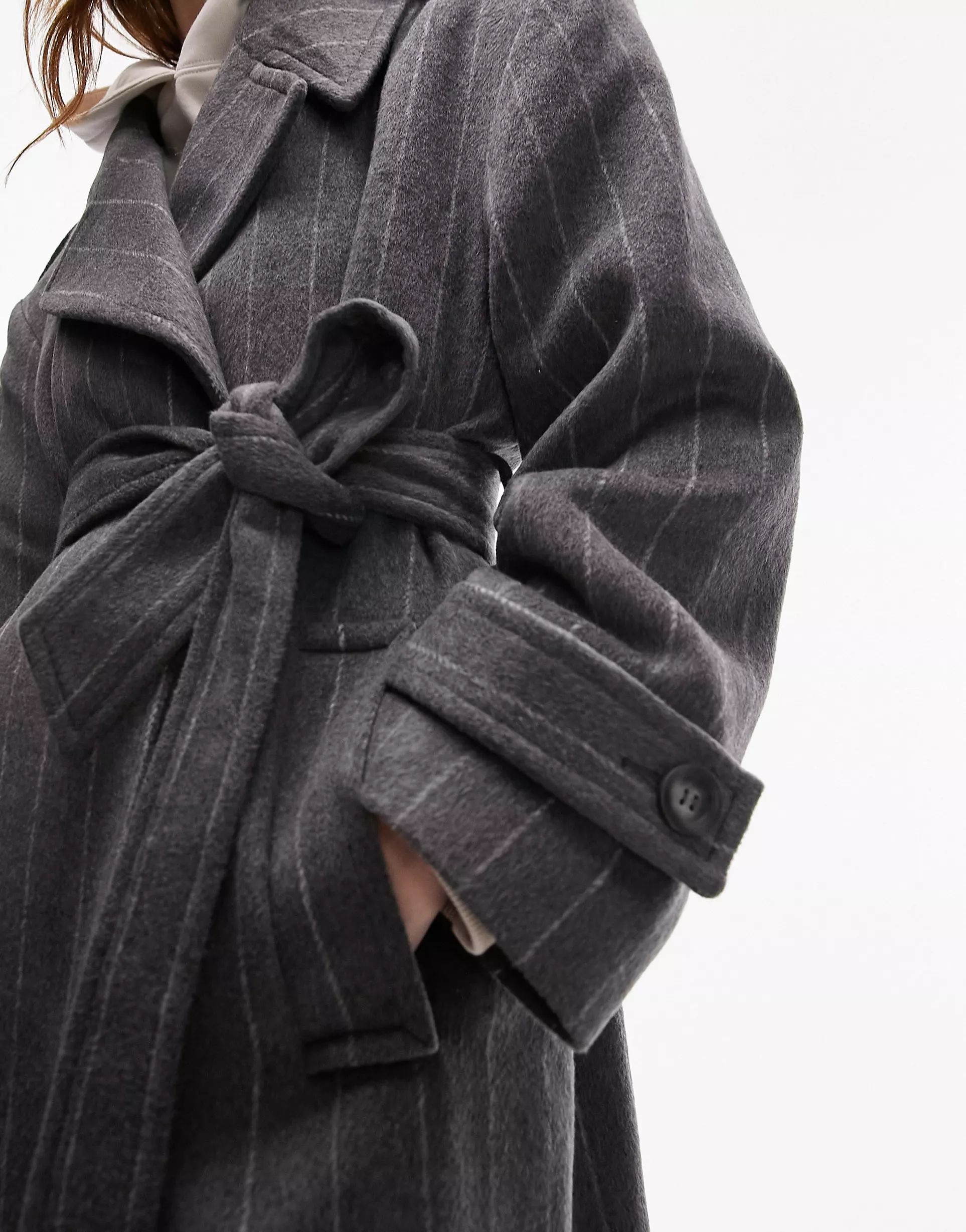 Topshop long-line wool blend coat in grey pinstripe | ASOS (Global)