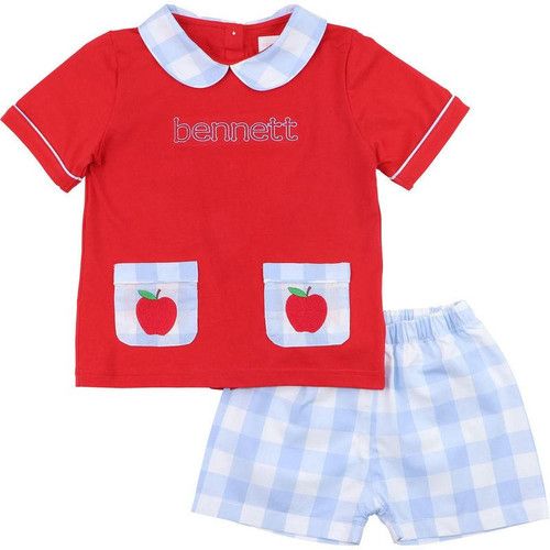 Blue And Red Check Apple Pocket Short Set | Cecil and Lou