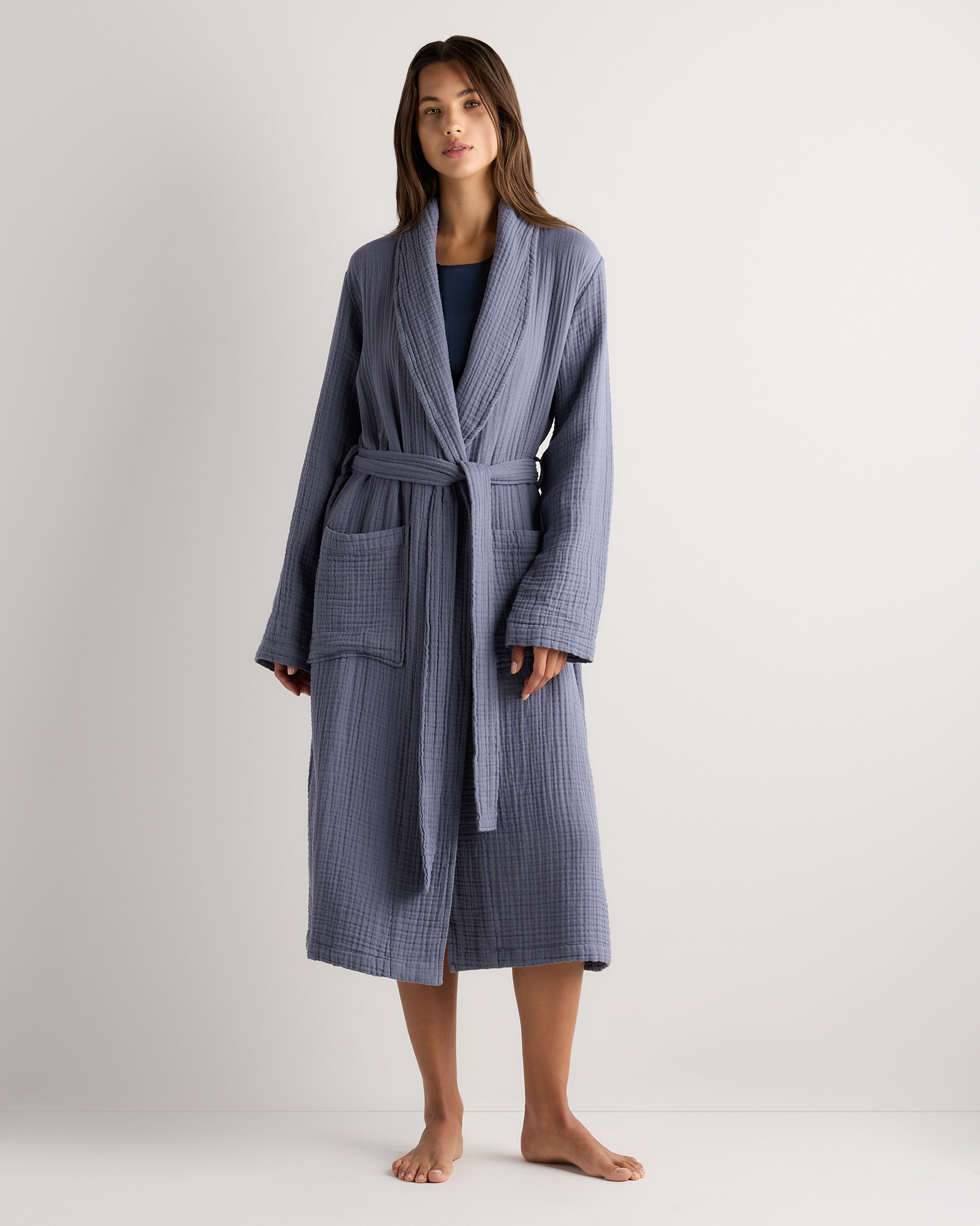 Quince | Soft Layered Turkish Cotton Robe in Twilight Blue, Size Medium | Quince