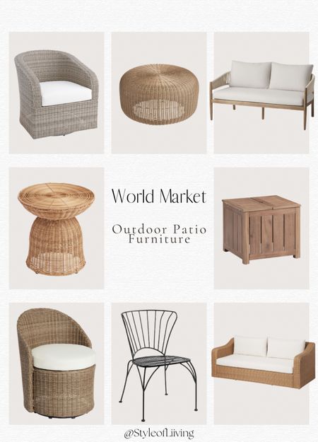 World Market outdoor patio furniture! Affordable finds. All weather round wicker coffee table, end table, square acacia wood umbrella side table, deep seat outdoor sofa, acacia wood and rope outdoor loveseat, swivel chair, black metal stacking bistro chair, dining chairs, side tables.

#LTKhome #LTKfamily #LTKSeasonal