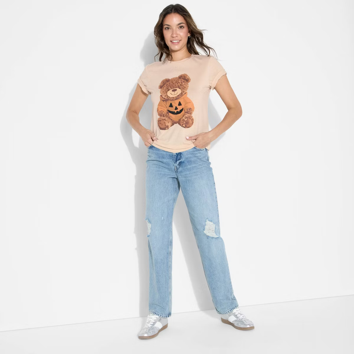Women's Teddy Bear Pumpkin Short Sleeve Graphic Boyfriend T-Shirt - Beige | Target