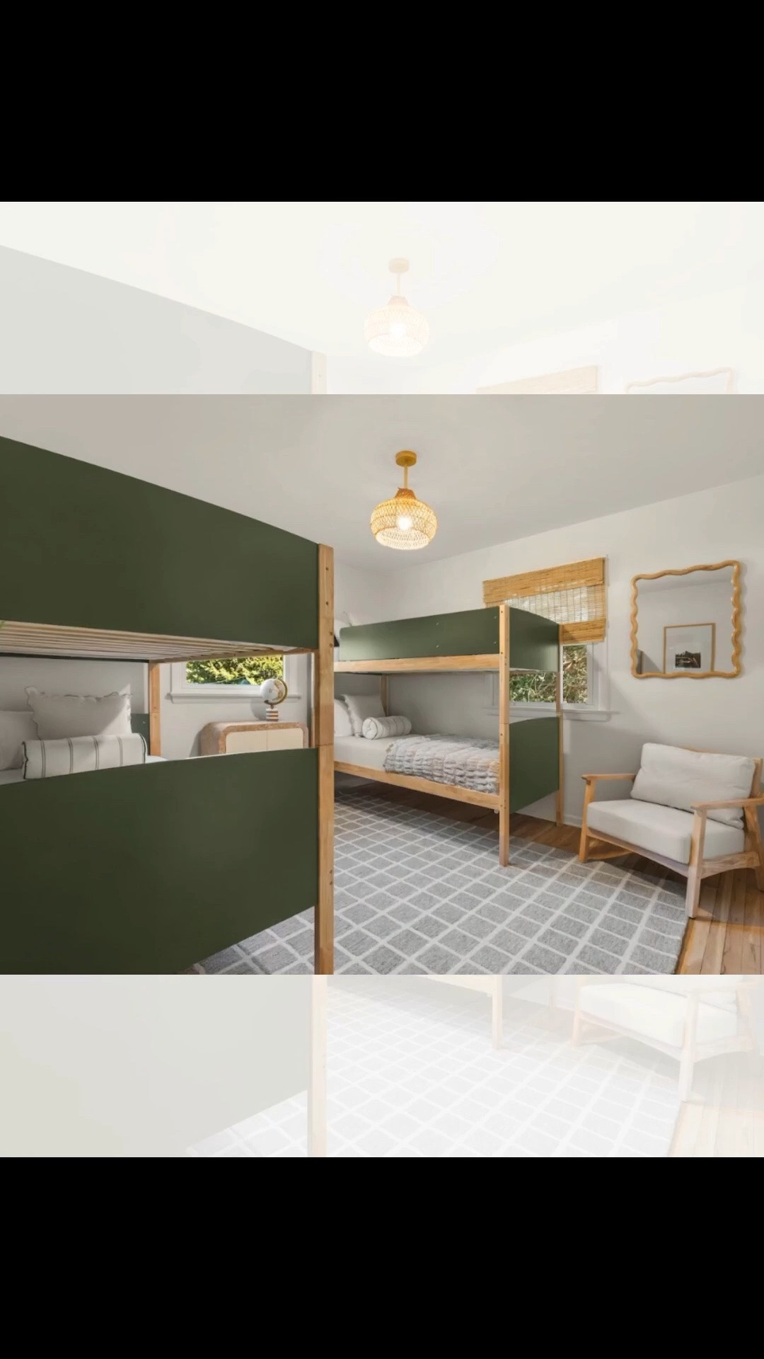 Bedroom with green hunks, wood accents, bamboo shades, and a grid-pattern rug. Added a wood chair and scalloped mirror. Linked exact and similar pieces here. 

#Bedroom #Bunkbed

#LTKHome #LTKSaleAlert