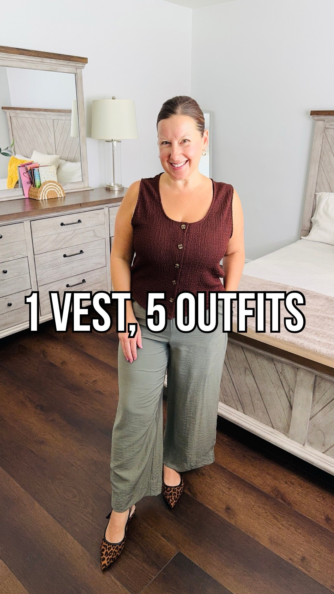 ✨ 1 vest, 5 ways ✨
From casual to chic, this textured brown vest is the layering piece you didn’t know you needed
	•	Day to night looks with a skort + sandals or satin skirt + kitten heels
	•	Neutral tones with a beige satin skirt + leopard heels
	•	Elevated casual with wide leg pants + flats
	•	Everyday chic with jeans + ankle boots

#LTKOver40 #LTKPetite #LTKStyleTip