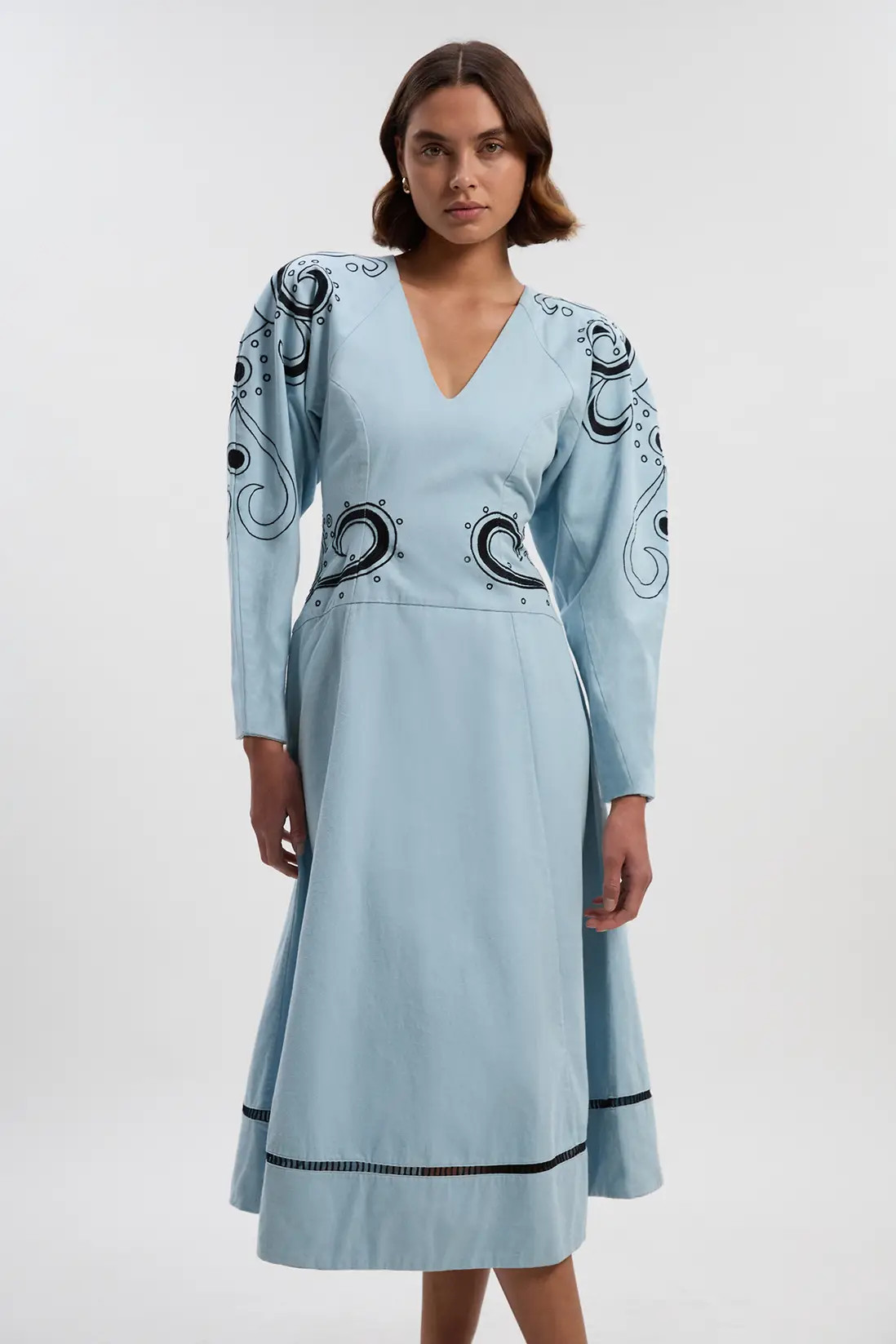 Baroque Embroidered Long Sleeve Twill Woven Midi Dress | Karen Millen US