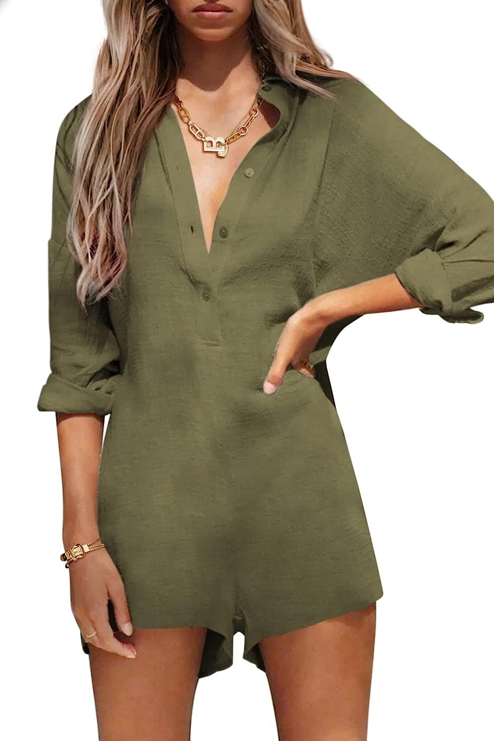Zeagoo Women Long Sleeve Romper Casual Button Down One Piece Jumpsuit Summer Outfits | Amazon (US)