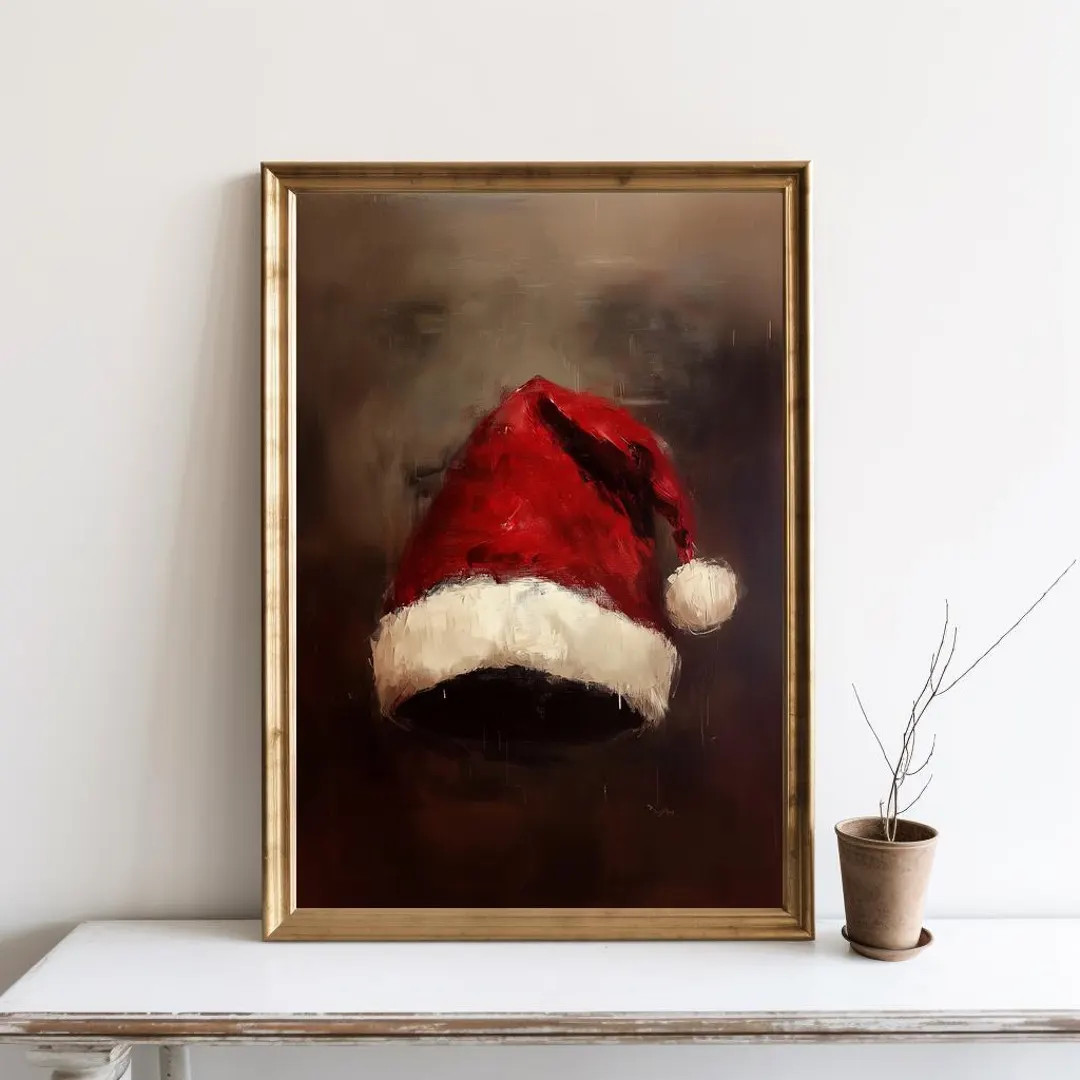 Santa Hat Painting, Christmas Wall Decor, Santa Still Life Painting, Rustic Christmas Art, Vintag... | Etsy (US)