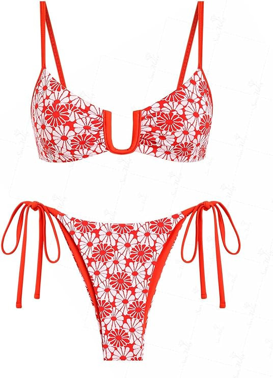 seamoly Contrast Color Red Gingham Spliced High Leg Cheeky Bikini Set | Amazon (US)