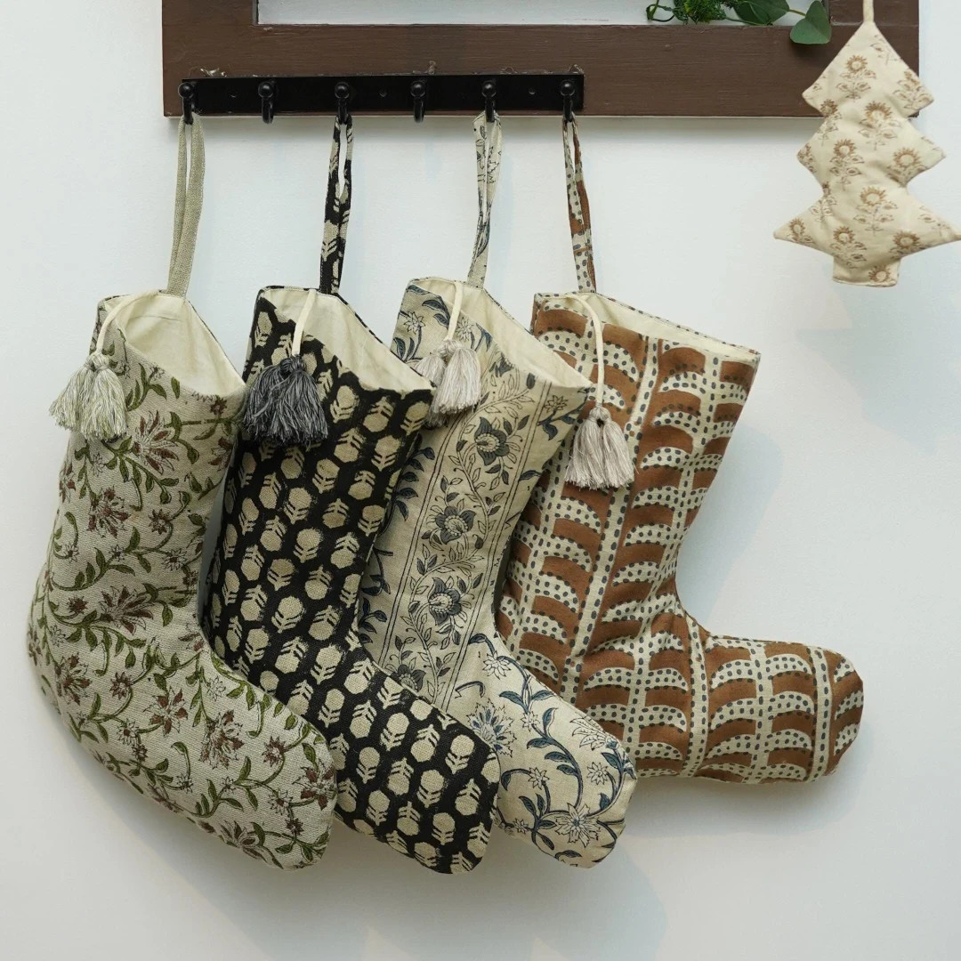 Hand Block Print Linen Stockings, Christmas Decor Stockings, Pom Pom Holiday Decorative, Floral Q... | Etsy (US)