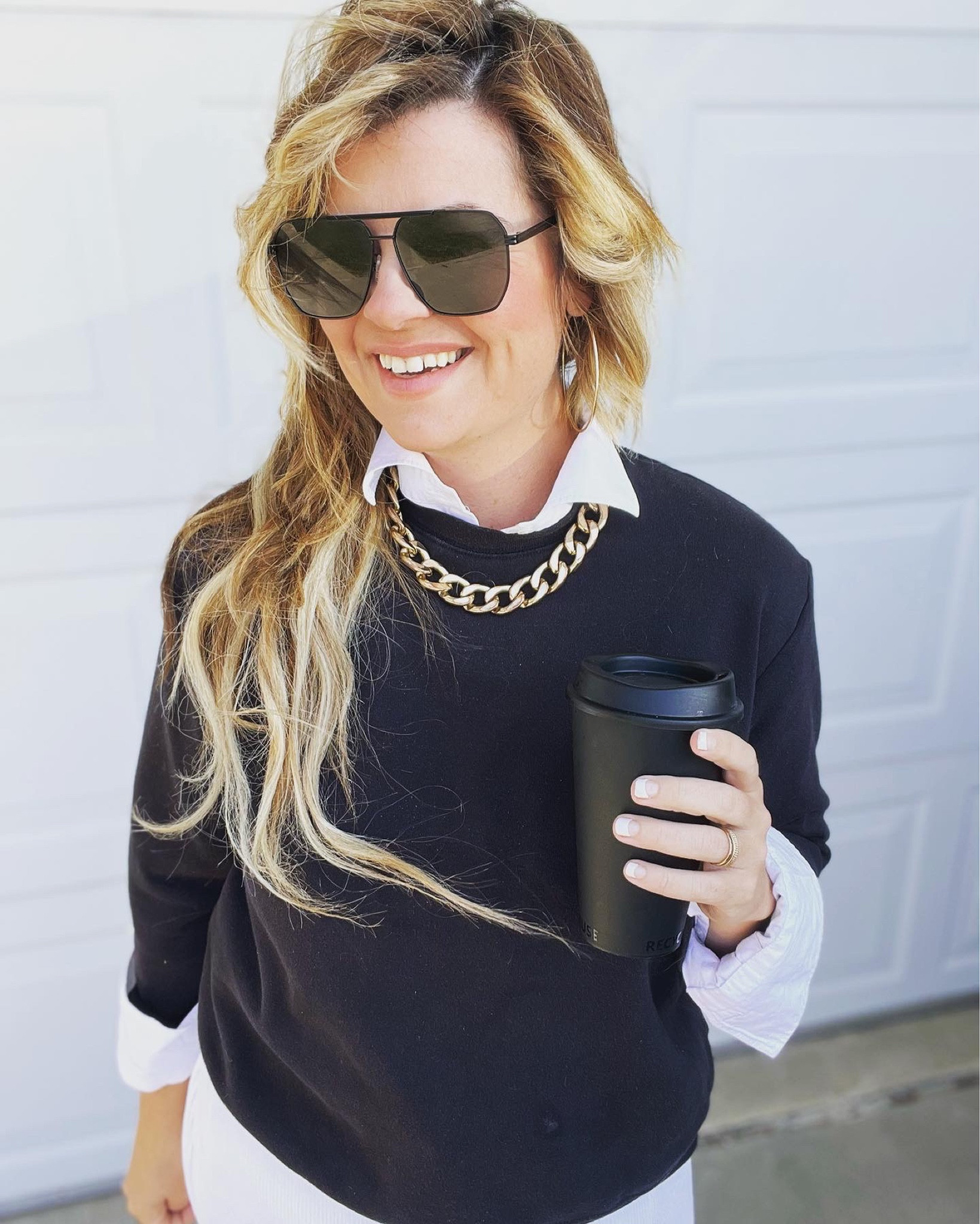 Black sweatshirt 
White collared shirt
Gold necklace 
Black necklace 
Kate spade earrings
Conservative but edgy style with Brandi Sharp

#LTKstyletip #LTKSeasonal