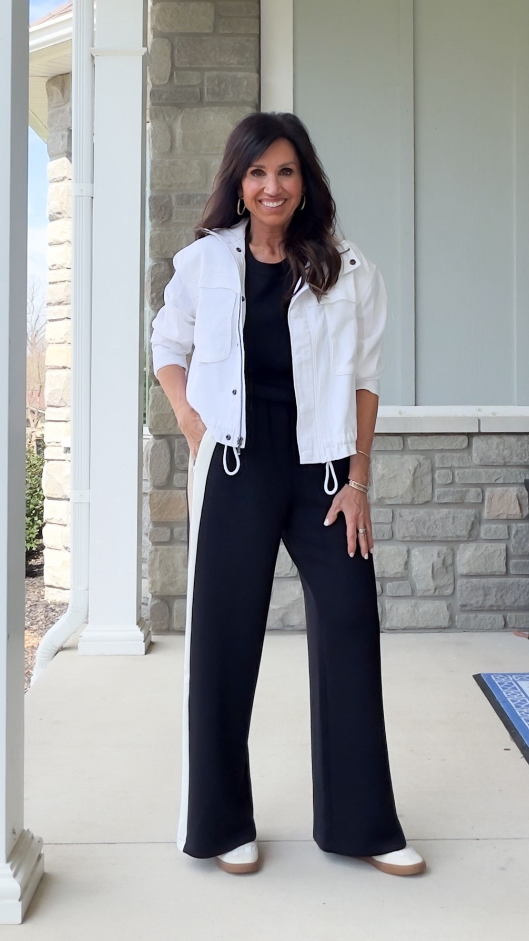 White denim jacket from Nordstrom. 
Jacket - xs 
Jumpsuit - small

#LTKSeasonal #LTKOver40