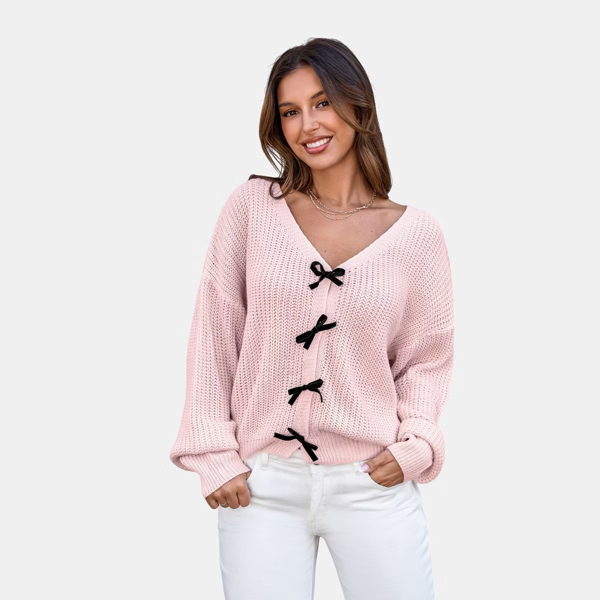 Women's Pink Knit Bow Detail Long Sleeve Sweater – Cupshe | Target