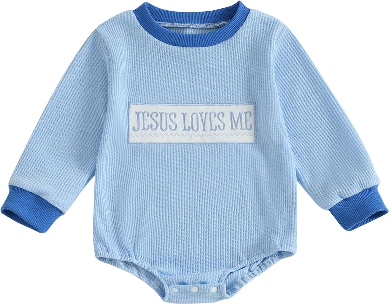 Newborn Baby Boy Clothes Jesus Loves Me Sweatshirt Romper Waffle Knit Long Sleeve Bodysuit Christ... | Amazon (US)