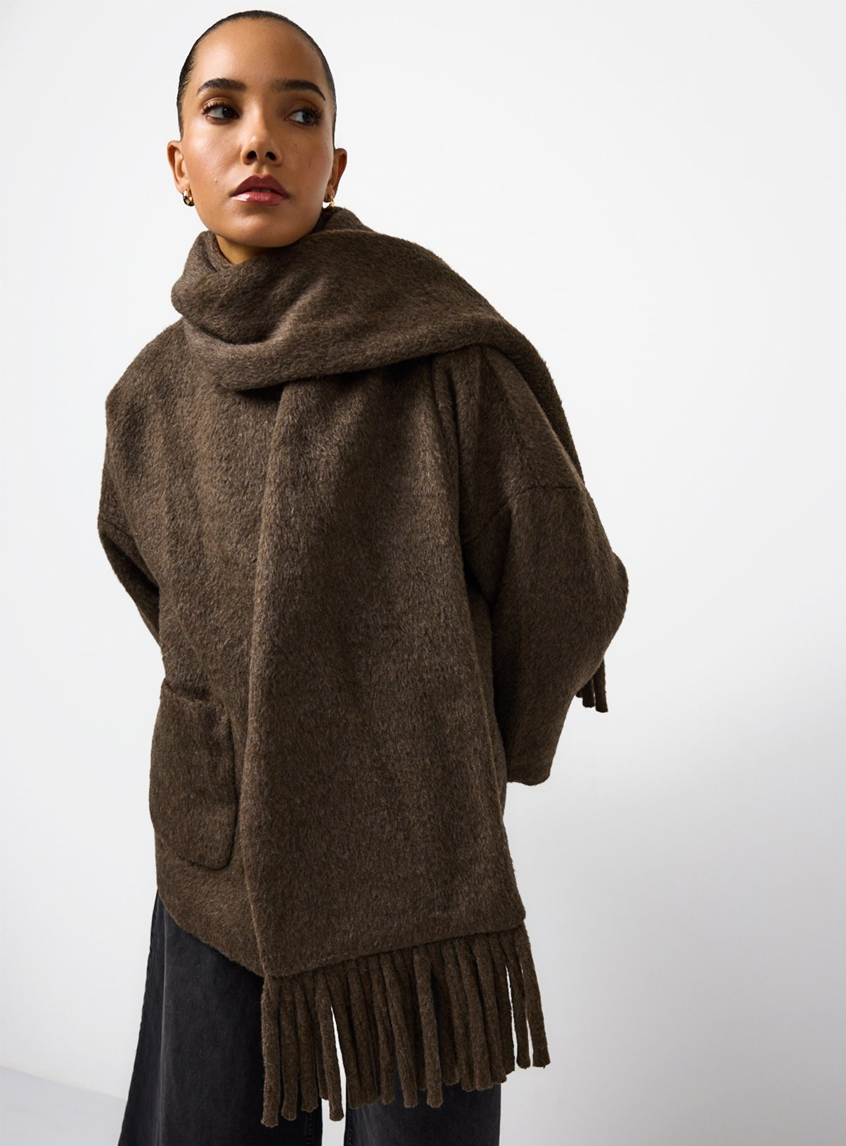 Brown Short Scarf Coat | Tu Clothing