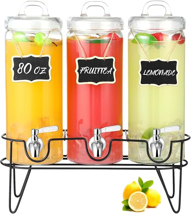 3 Pack 80 oz Tall Glass Drink Dispenser with Stand, Lid, Label and Stainless Steel Leakproof Spig... | Amazon (US)