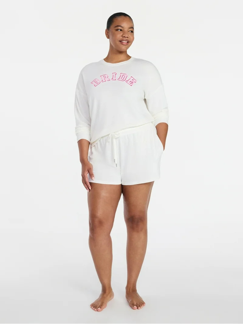 Joyspun Women's Bridal French Terry Knit Long Sleeve Top and Shorts Pajamas Set, Sizes XS-3X | Walmart (US)