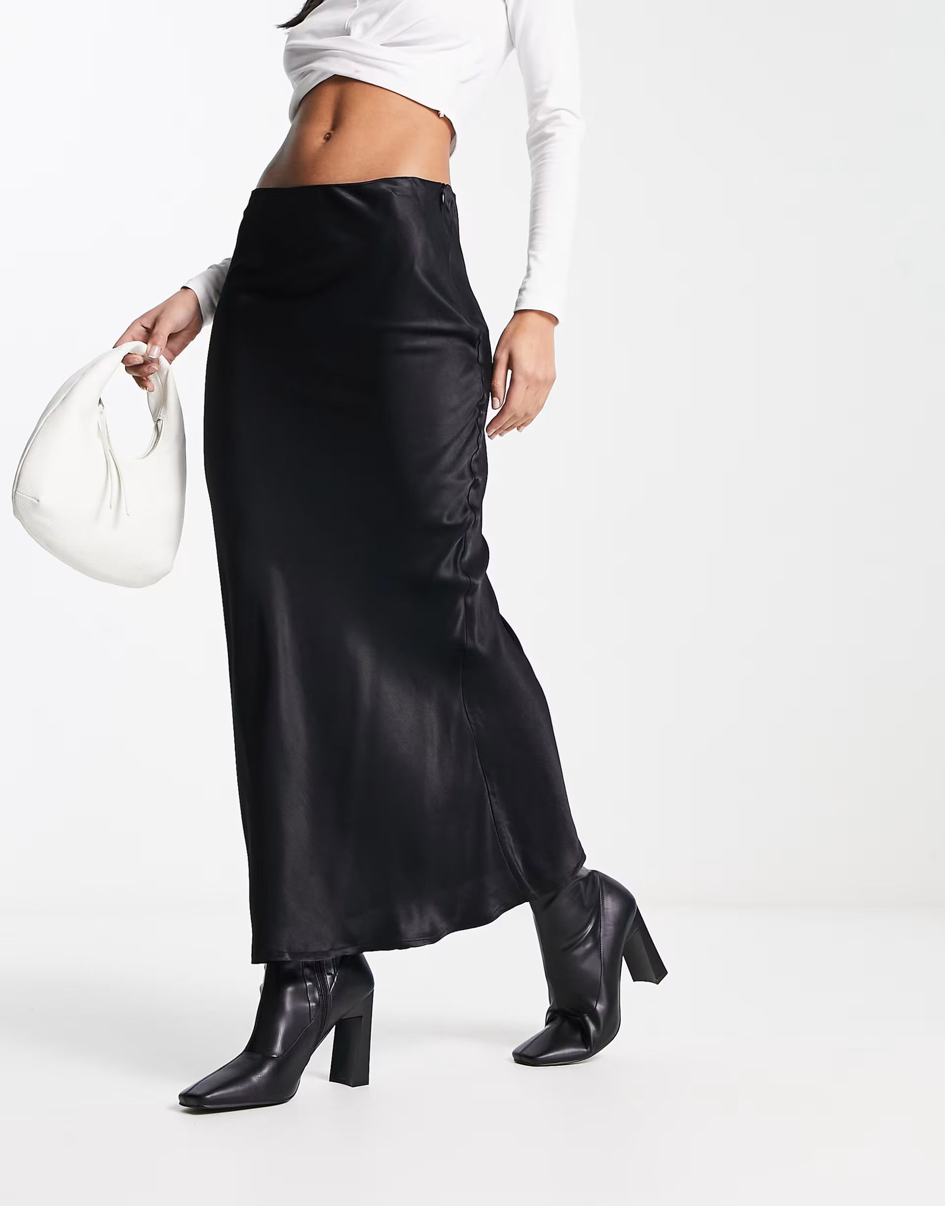 Stradivarius satin midi slip skirt in black | ASOS (Global)