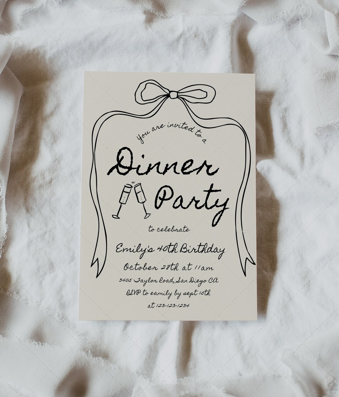 Dinner Party Invitation, Hand-drawn Bow, Any Event, Bow Invite, Girl, Any Age, Birthday Invitatio... | Etsy (US)