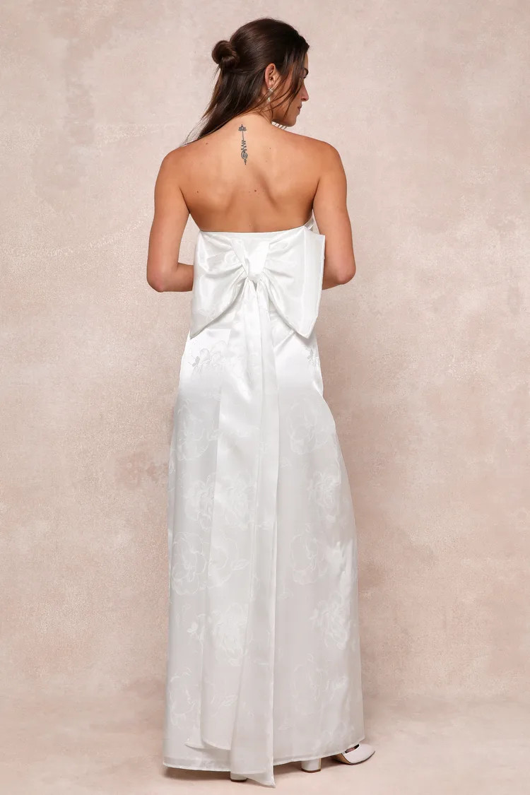 Avid Elegance Ivory Satin Jacquard Strapless Bow Maxi Dress | Lulus