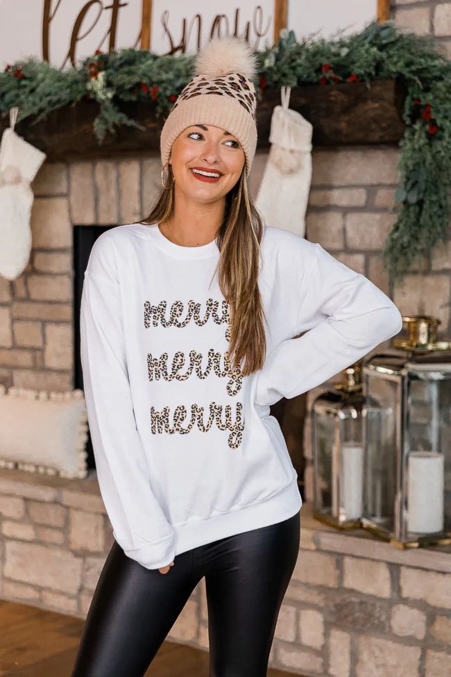 Animal Print Merry Merry Merry White Graphic Sweatshirt | The Pink Lily Boutique