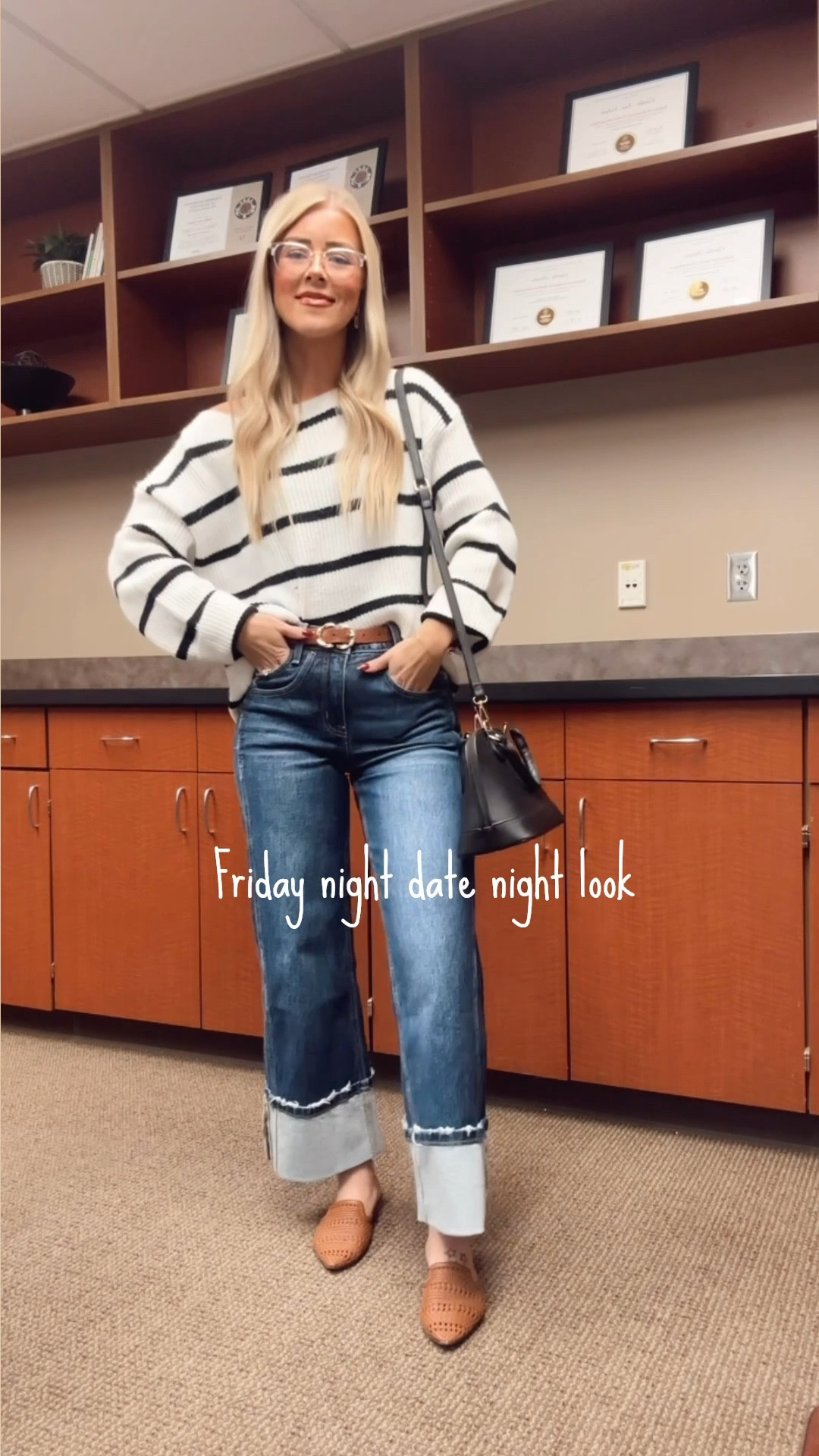Fall casual date night look // Wide leg folded denim // Black and white stripe sweater // Classic black bag // Affordable fashion 

Denim is VICI, CAITLINNOBERT30 discount code
Sweater is PinkBlush, caitlinnobert25 discount code 

#LTKSeasonal #LTKItBag #LTKShoeCrush
