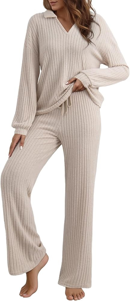 EVALESS Womens Pajama Sets Long Sleeve Sleepwear Matching Drawstring Elastic Pj Pants Ribbed Knit... | Amazon (US)