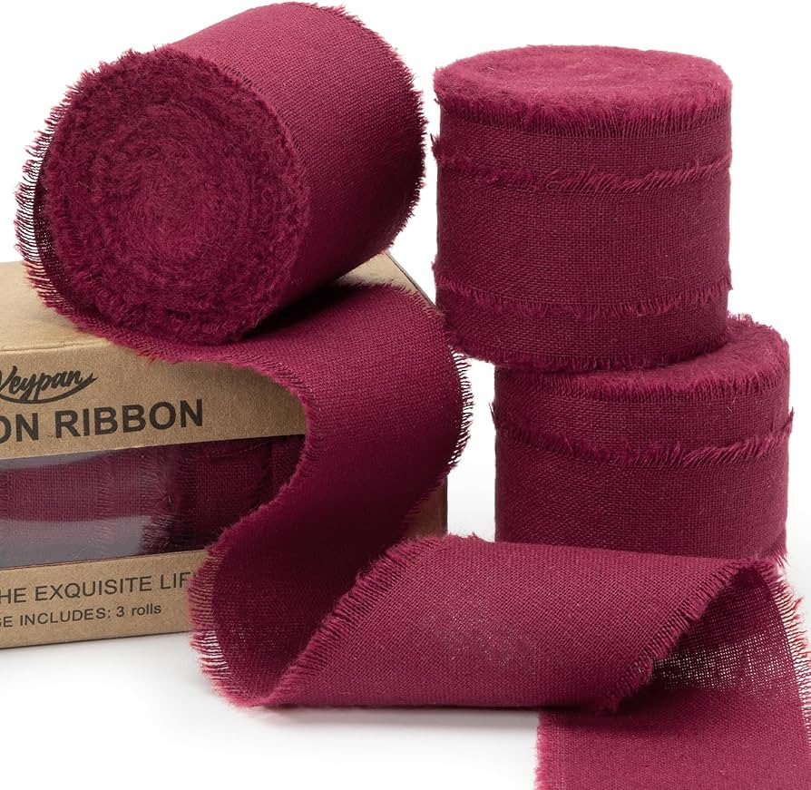 Burgundy Ribbon 1-1/2 x 15 Yards Handmade Cotton Frayed Fringe Fabric Ribbons for Crafts Flower B... | Amazon (US)