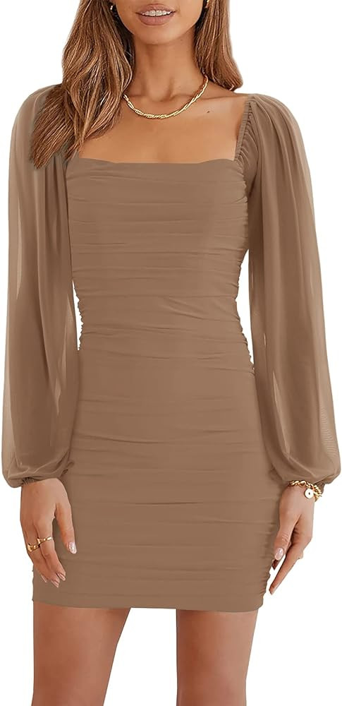 Wenrine Women's Mesh Long Sleeve Square Neck Ruched Party Club Cocktail Bodycon Mini Dress | Amazon (CA)