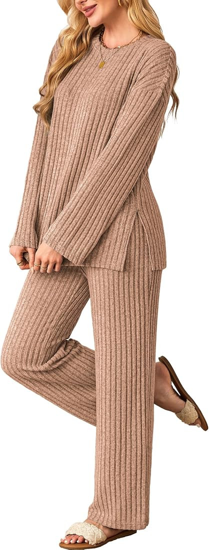 Womens Sets 2 Piece Outfits Matching Lounge Set Cozy Knit Pajamas Oversized Loungewear Fall Winte... | Amazon (US)