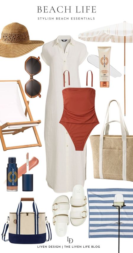 Beach essentials. Beach accessories. Summer accessories. Straw hat. Sun hat. Swimsuit. Beach bag. Straw Beach tote. Insulated cooler tote. Beach umbrella. Sunglasses. Wood teak foldable beach chair. Women's slide sandals. Buckle sandal. Swim cover up. Gauze cover up. Linen dress. Sunscreen lip balm. Beach towel. 

#LTKSeasonal #LTKtravel #LTKstyletip