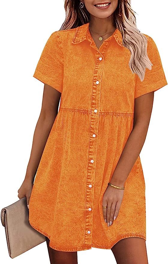 GRAPENT Denim Dress for Women Babydoll Tiered Short Sleeve Button Down Jean Shirt Dresses | Amazon (US)