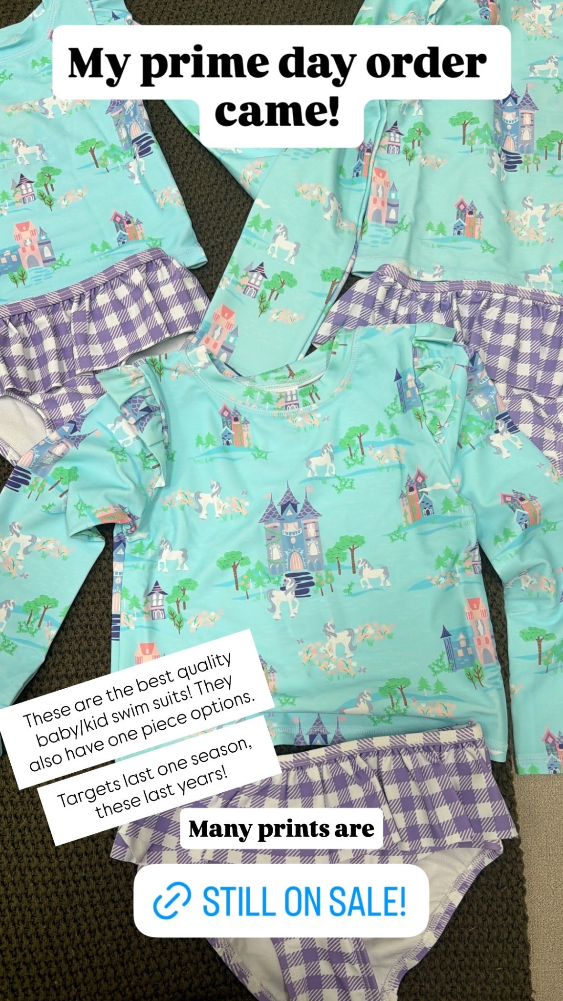 My prime day order came! These are the best quality baby/kid swim suits! They also have one piece options.

Targets last one season, these last years! 👙